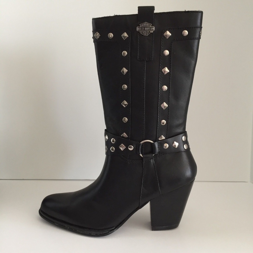 Harley Davidson Women Strut Boots Leather Silver Studs Round Toe Side Zip Size 6